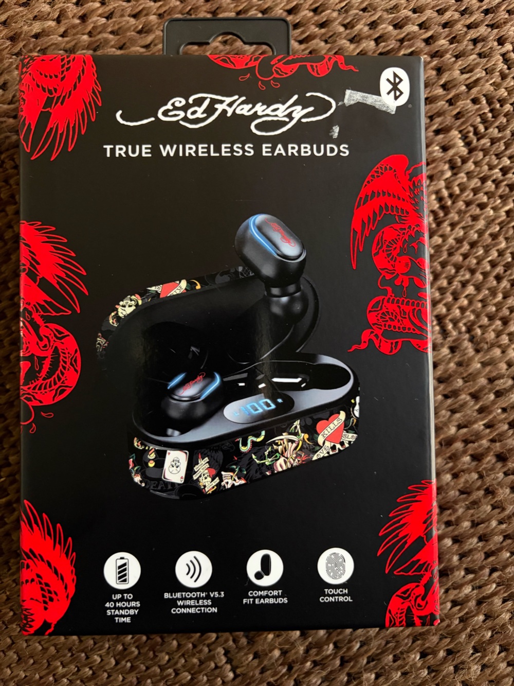 Ed Hardy Black True Wireless Earbuds with Patterned Charging Case